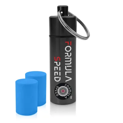 (60mm x 12mm) (Blue Earplugs) - Black Container (Keyring Loop at Top)