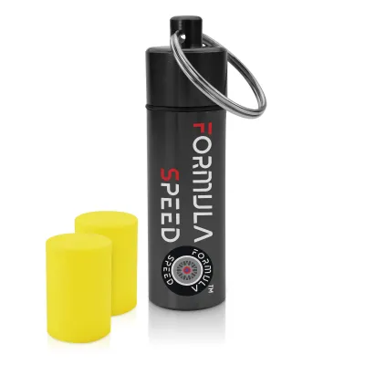 (60mm x 12mm) (Yellow Earplugs) - Black Container (Keyring Loop at Top)