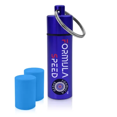 (60mm x 12mm) (Blue Earplugs) - Blue Container (Keyring Loop at Top)