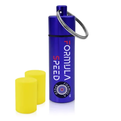 (60mm x 12mm) (Yellow Earplugs) - Blue Container (Keyring Loop at Top)