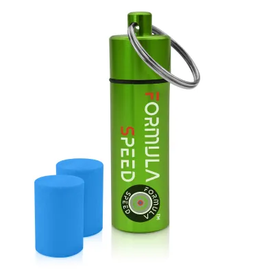(60mm x 12mm) (Blue Earplugs) - Green Container (Keyring Loop at Top)