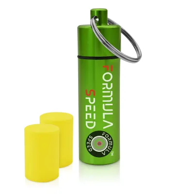(60mm x 12mm) (Yellow Earplugs) - Green Container (Keyring Loop at Top)