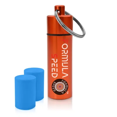 (60mm x 12mm) (Blue Earplugs) - Orange Container (Keyring Loop at Top)