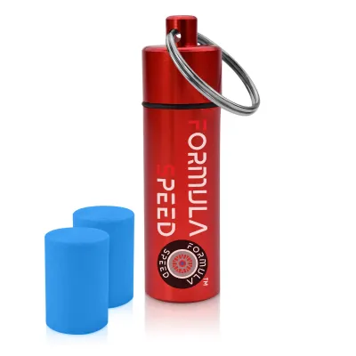 (60mm x 12mm) (Blue Earplugs) - Red Container (Keyring Loop at Top)