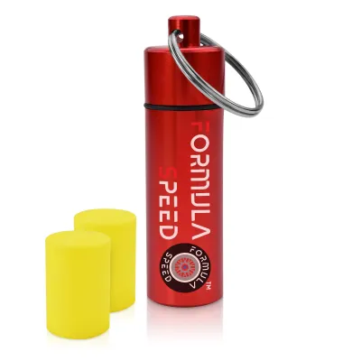 (60mm x 12mm) (Yellow Earplugs) - Red Container (Keyring Loop at Top)