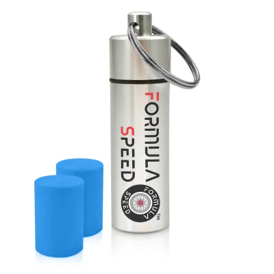 (60mm x 12mm) (Blue Earplugs) - Silver Container (Keyring Loop at Top)