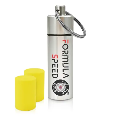 (60mm x 12mm) (Yellow Earplugs) - Silver Container (Keyring Loop at Top)